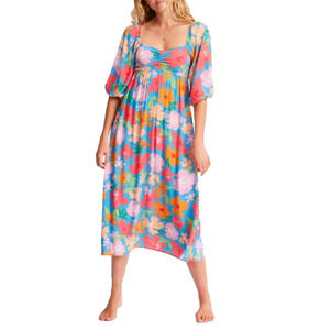 Billabong‎ Swept Away Puff Sleeve Boho Cottage Beachy Floral Tropical Midi Dress